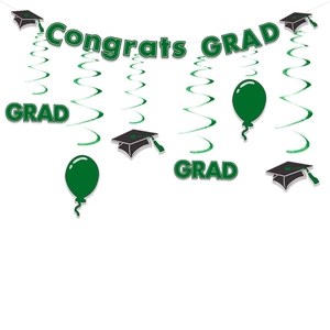 Detail of Congrats GRAD banner with green foil swirls and mortarboard graduation decor