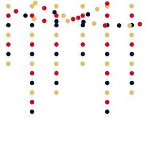 Hanging party garland with red, navy blue, and glitter gold circular sequins for graduation