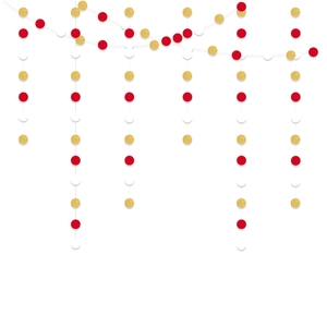Close-up of red, white, and gold glitter circle dot garlands for party decorations