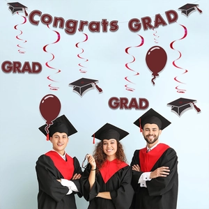 Congrats Grad Graduation Party Banner And Spiral Swirls Paper Cardstock PVC Hanging Decorations For Ceremony Celebration
