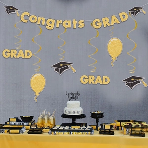 Glittery Congrats GRAD banner and gold hanging swirls set for 2025 graduation party decor