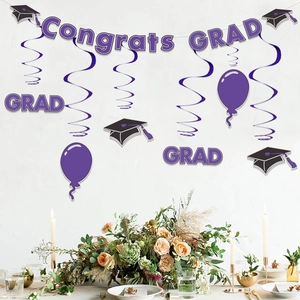 Purple Congrats Grad banner with spiral hanging decorations for 2025 graduation party decor