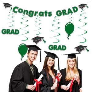 Green and black graduation party decoration set with Congrats Grad banner and swirls