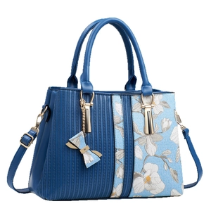 Elegant large capacity handbag with contrast blue floral pattern and gold hardware