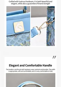 Details des goldenen Metallgriffs und der blauen Wolkenstickerei an der Handtasche