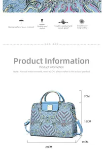 Detaillierte Größentabelle für blaue Blumentasche mit 26 cm Länge und 19 cm Höhe