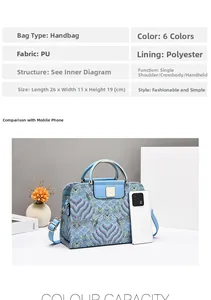 Detaillierter Größenvergleich und Spezifikationen für die blaue bestickte Handtasche