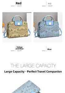 Detail der Vintage-Jacquard-Struktur und des blauen Ledergriffs an einer großen Handtasche