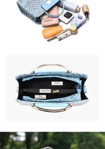 Innenaufteilung der hellblauen Handtasche mit drei Fächern für die wichtigsten Dinge