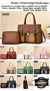 Detail view of two-piece tote bag set showing large handbag and matching pouch dimensions