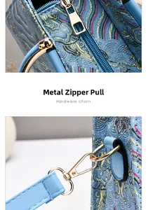 Details des goldenen Reißverschlusses und Blumendrucks auf der blauen Schultertasche
