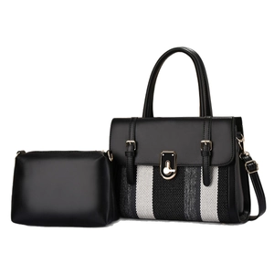 Striped tote bag and clutch set with black finish and gold hardware accents