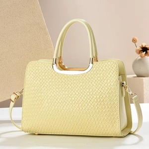 Women Handbag Woven PU Leather Large Capacity Shoulder Crossbody Bag Gold Metal Handle Elegant Commuting Macaron Colors