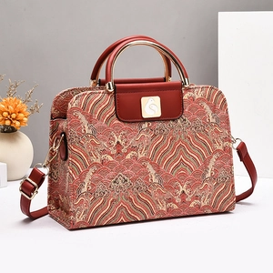 Sac à Main Femme Style Chinois Broderie Jacquard Cuir PU Motif de Vagues Sac Bandoulière avec Poignée en Métal Sacoche Élégante