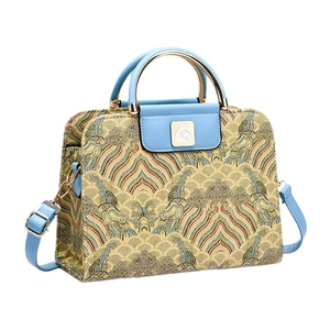 Sac à main bleu et or style chinois avec motif vagues et fermoir oiseau en métal