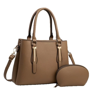 Brown litchi grain tote bag set with metal pendant and adjustable shoulder strap