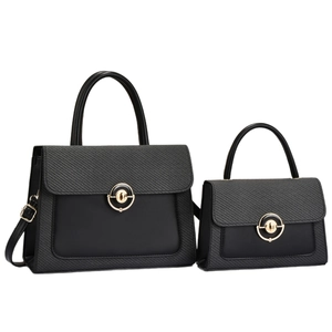 Two-piece black faux leather and grey herringbone fabric handbag set with gold hardware