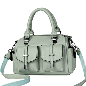 Litchi texture sage green Boston bag with dual handles and wide fabric shoulder strap