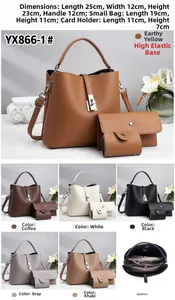 Detailed view of 3-piece bucket bag set including pouch and card holder with size dimensions