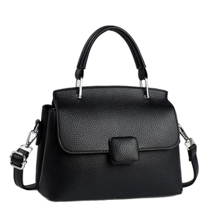 Classic black lychee texture crossbody bag with silver hardware on white background