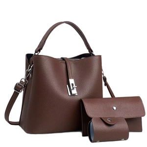Three-piece dark brown litchi pattern bucket bag set with silver turn-lock and small pouches