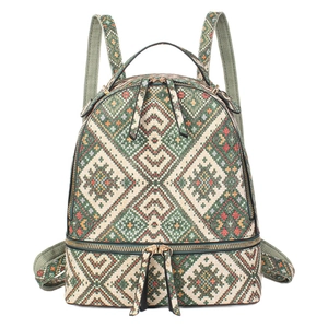 Ethnic style green geometric jacquard backpack with wide straps on white background