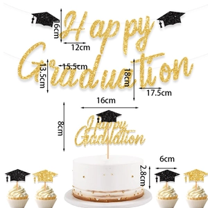 Detailed dimensions of Happy Graduation banner and gold glitter cake topper set