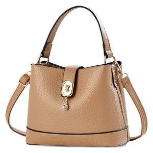 Minimalist khaki lychee texture handbag with gold hardware and detachable strap