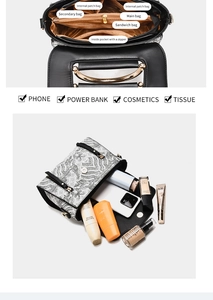 Detail view of the multi-compartment interior and storage capacity of the patterned tote bag