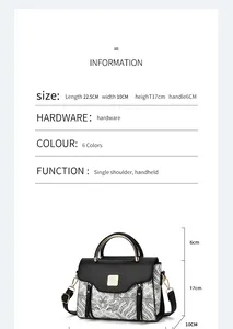 Detailed size chart showing handbag dimensions 22.5x10x17cm with handle and strap options