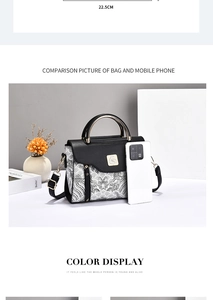 Size comparison of cross-body bag featuring wave pattern and swan metal clasp