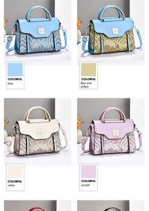 Collage of four textured shoulder bags featuring golden bird clasps and ring handles
