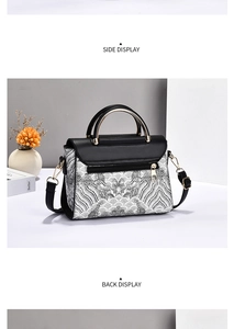 Side and back view of a minimalist handbag with embroidery and gold handle details