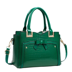 Borsa a mano verde smeraldo goffrata coccodrillo con fiocco e finiture in metallo dorato