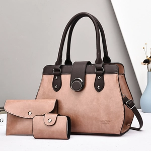 Three-piece handbag set featuring a large tote and pouches in brown synthetic leather