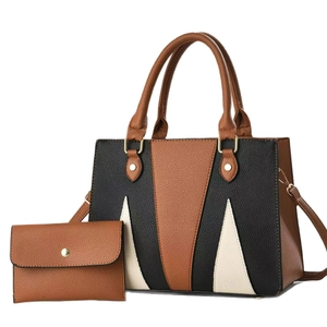 Three-tone color block tote bag set with matching wallet and gold hardware