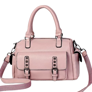 Dusty rose faux leather Boston bag with soft lychee texture and wide crossbody strap