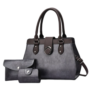 Three-piece retro gray leather tote bag set with shoulder strap and metal ring detail