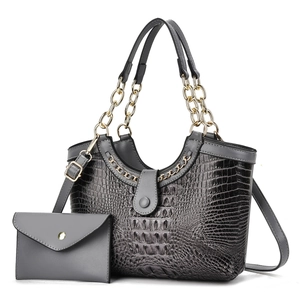 Dark grey crocodile pattern handbag set with golden chain strap and matching wallet
