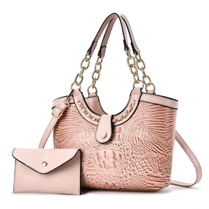 Pink crocodile pattern tote bag set with gold chain handle and matching small clutch