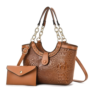 Brown crocodile pattern tote bag set with gold chain handle and matching small clutch pouch