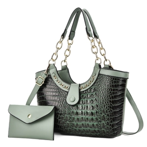 Green crocodile pattern tote bag set with chain handle and matching small envelope pouch