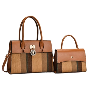 Set borsa tote a due pezzi in tela a righe e pelle marrone con chiusura dorata