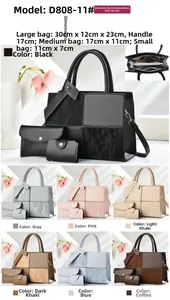 Detailed size specifications for a 3-piece composite handbag set with dimensions and colors