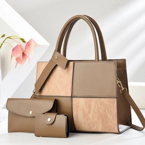 Three-piece women's handbag set featuring brown patchwork tote bag and wallets