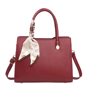 Deep red lychee texture large tote bag with silk scarf and adjustable leather strap