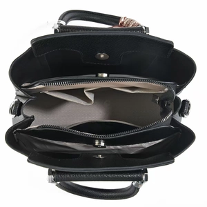 Top view of large black leather handbag showing multi-pocket interior and silk scarf detail
