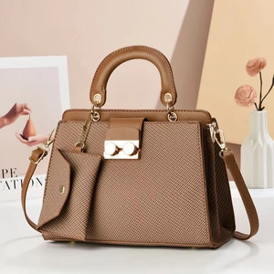 Elegant brown woven leather handbag with gold metal hardware and matching small pouch