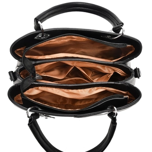 Detailed top view of the black lychee pattern handbag featuring multi-layer compartments