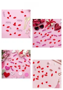 Mix of heart, lip and XOXO confetti scattered on a decorated table and gift box